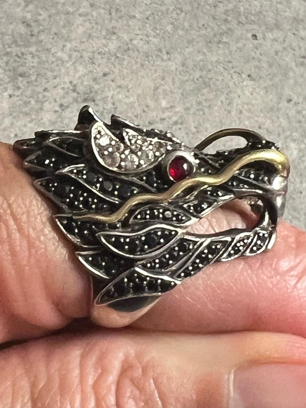 John Hardy Silver Naga Dragon Ring with Gold Accents and Ruby Gem Eyes - Picture 5 of 12